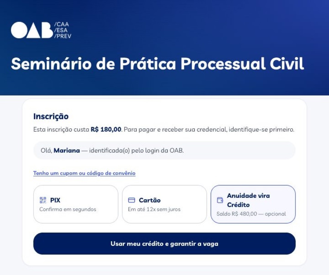Inscrição em evento com o crédito da anuidade